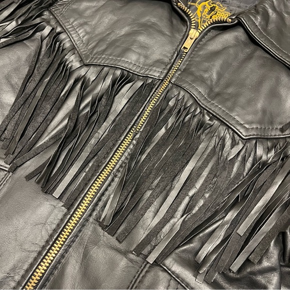 Vintage Branded Garments Fringe Leather Quilt Lined Jacket Black Biker Western - Picture 11 of 14